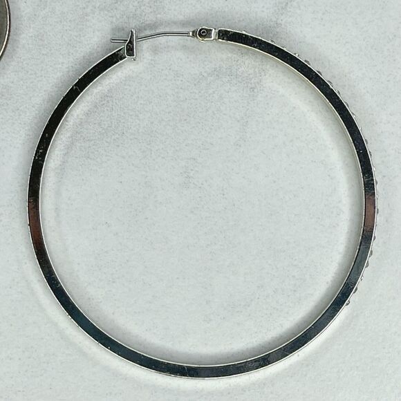 Silver Tone Rhinestone Hoop Earrings Pierced Pair - Picture 6 of 7